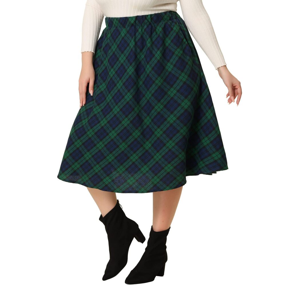 3526 Plus Size Skirts A Line Knee Length Plaid Print Flare Skirt 1X Green